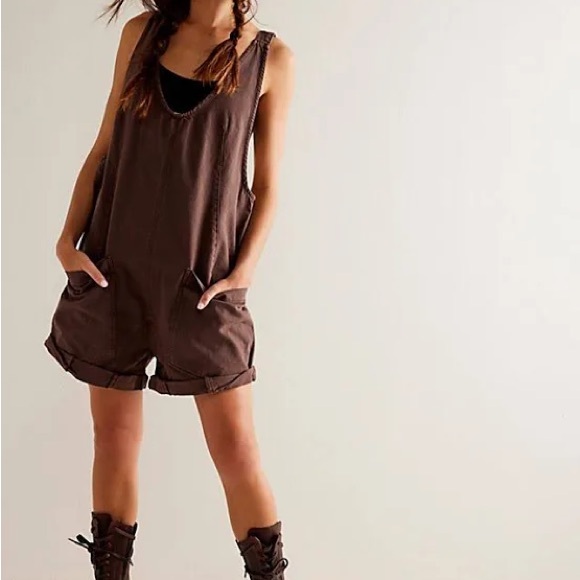Free People - High Roller Slouchy Relaxed Adjustable Straps Overall Shorts SZ LG - Picture 2 of 12